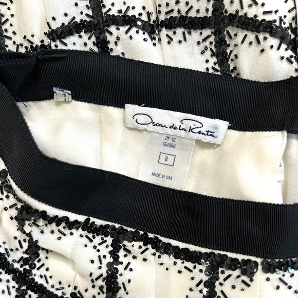 Oscar de la Renta Silk Beaded Black and Cream Check Pleated Skirt Size 8 - Picture 5 of 6